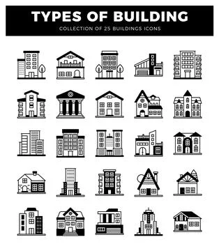 Building icons on a white background. Ilustración de archivo