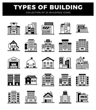 Building icons on a white background. Ilustración de archivo