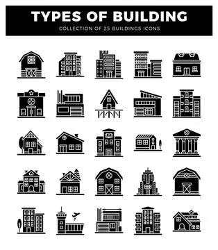 Building icons on a white background. Ilustración de archivo