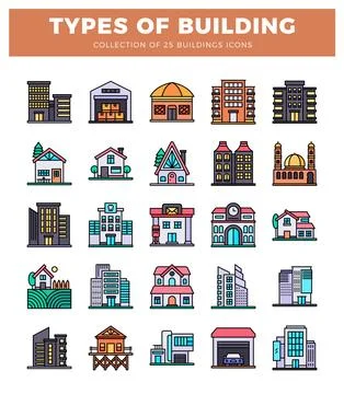 Building icons on white background. Ilustración de archivo