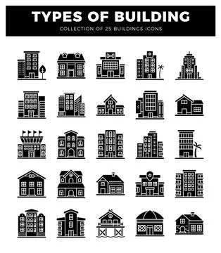Building icons on a white background. Ilustración de archivo