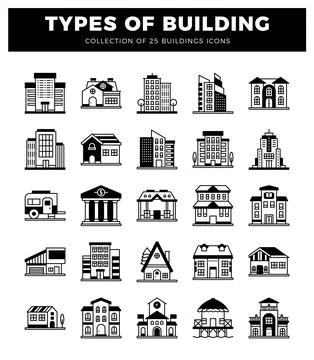 Building icons on white background. including modern apartments. houses. an.. Ilustración de archivo