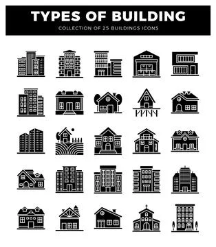 Building icons on white background. modern and classic architectural styles.. Ilustración de archivo