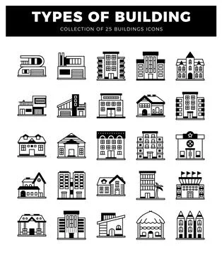 Building icons on a white background. Modern and traditional architecture i.. Ilustración de archivo