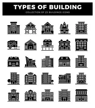 Building icons on white background. modern and traditional architecture types Ilustración de archivo