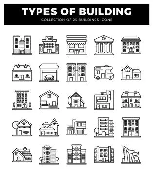 Building icons on white background. offering diverse architectural styles f.. Ilustración de archivo