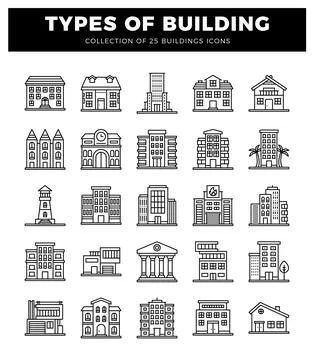 Building icons on white background. offering diverse architectural styles f.. Ilustración de archivo