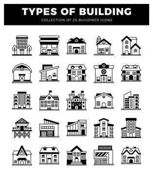 Building icons on a white background. offering diverse architectural styles. Ilustración de archivo