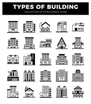 Building icons on a white background. presented in a grid format. Ilustración de archivo