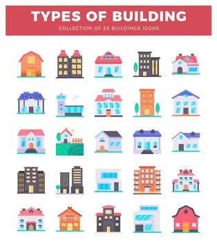Building icons on a white background with a red header and title. Stock Illustration