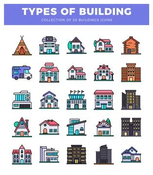 Building icons on a white background. representing various architectural st.. Ilustración de archivo