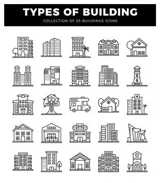 Building icons on a white background. representing architectural diversity. Ilustración de archivo