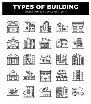 Building icons on white background. representing various architectural styles Ilustración de archivo