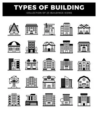 Building icons on a white background. representing various architectural st.. Ilustración de archivo