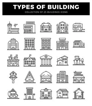 Building icons on a white background. representing different types of archi.. Ilustración de archivo