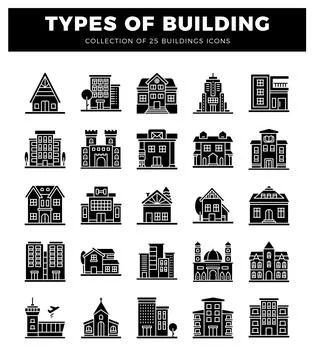 Building icons on white background. representing various architectural styl.. Ilustración de archivo