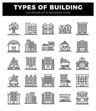 Building icons in a white background setting. featuring various house types.. Stock Illustration