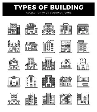 Building icons in a white background setting. with diverse architectural st.. Ilustración de archivo