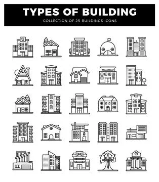 Building icons on a white background. showcasing various architectural styl.. Ilustración de archivo
