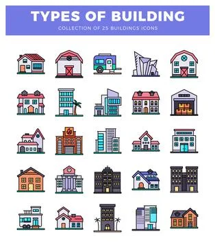 Building icons on a white background. showcasing diverse architectural styl.. Ilustración de archivo