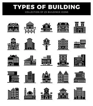 Building icons on white background. showcasing residential and commercial s.. Ilustración de archivo