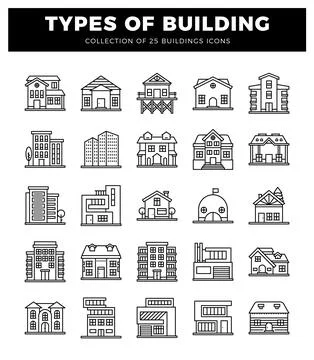 Building icons on white background. showcasing diverse architectural styles.. Ilustración de archivo