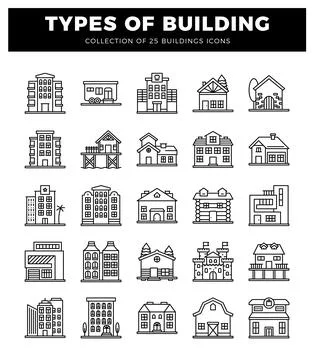 Building icons on white background. showcasing various architectural styles.. Stock Illustration