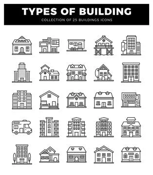 Building icons in a white background. showcasing residential and commercial.. Ilustración de archivo