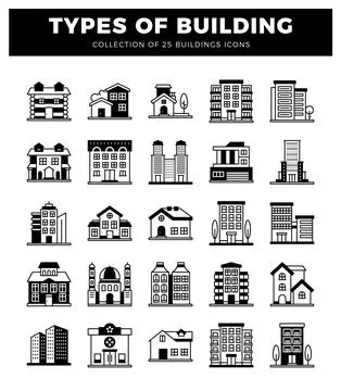 Building icons on white background. showing various types of houses and sky.. Stock Illustration