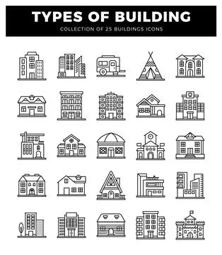 Building icons in a white background with text Types of Building Ilustración de archivo
