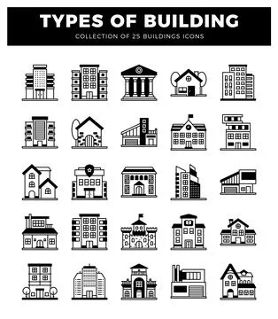 Building icons on a white background with text TYPES OF BUILDING Stock Illustration