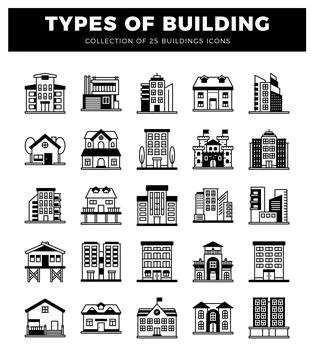 Building icons on white background with title Stock Illustration