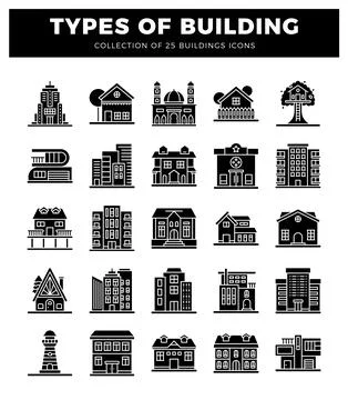 Building icons on white background. Various building types illustrated in b.. Ilustración de archivo