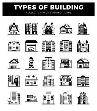 Building icons on white background. Various house types. castles. garages. .. Ilustración de archivo