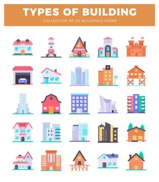 Building icons on a white background. Various architectural styles. Ilustración de archivo
