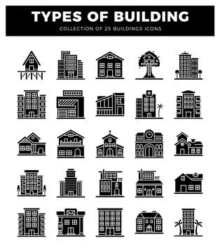 Building icons on white background. Various building types and styles for a.. Ilustración de archivo
