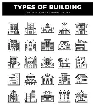 Building icons in a white background. Vector set of various building types... Ilustración de archivo
