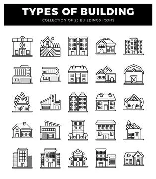 Building icons in white on a black background. Ilustración de archivo
