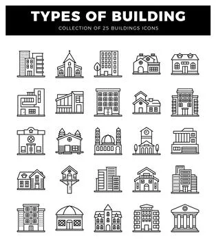 Building icons in a white. clean background. Vector set of residential and .. Ilustración de archivo