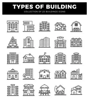 Building icons in a white grid background. Ilustración de archivo
