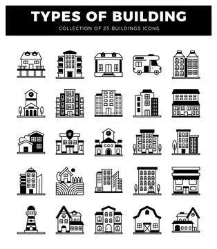 Building icons in a white grid on a black background Ilustración de archivo