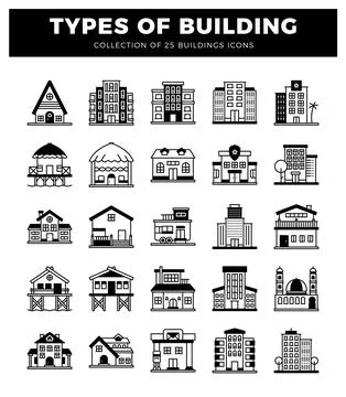 Building icons in a white grid Ilustración de archivo