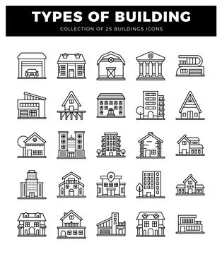 Building icons in a white. grid layout. featuring various architectural style Stock Illustration