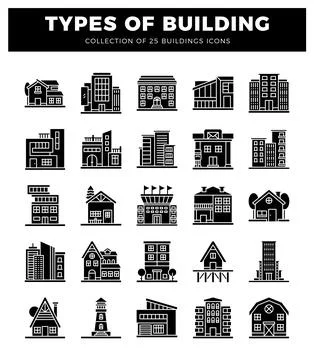 Building icons in a white studio setting. Diverse architectural styles show.. Stock Illustration