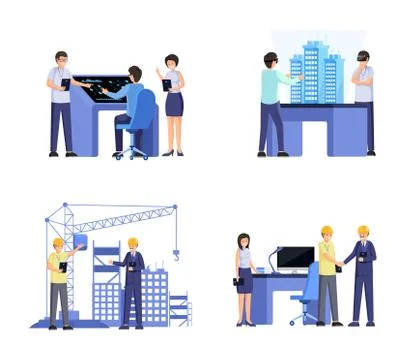 Building industry flat vector illustrations set. Professional engineers team Stock Illustration