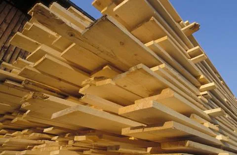 Building industry stack wood board shelves Stockfoto's