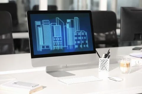 Building information modeling. Digital project on computer display Stock Photos