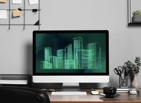 Building information modeling. Digital project on computer display Stock Photos