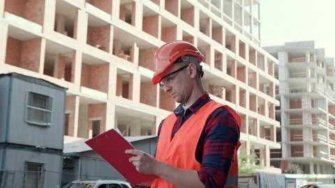 Building inspector taking notes during development site inspection Stock Photos
