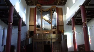 Building Interior with Pipe Organ Pan Shot Stock Footage 85834350